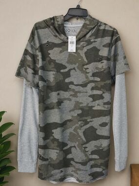 Nova Industries Camo Hoodie Medium NWT Y2K Raw Hem Thermal Layered Distressed